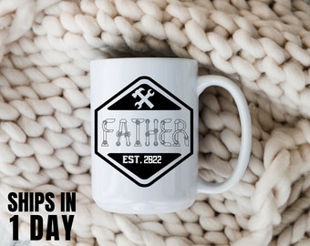 FATHER Ceramic Coffee Mug with matching Coasters, Personalized Date Cup with Handle, Custom Fathers Day Gift