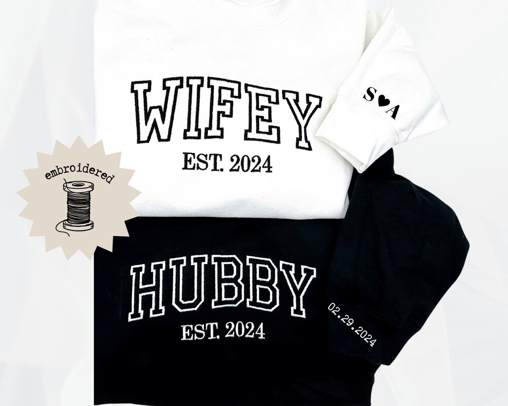 Personalized Couples Embroidered Sweatshirt, Matching Wifey And Hubby Sweatshirts, New Wife Sweatshirt, New Couples Gift, Bridal Shower Gift Teeplaza Design
