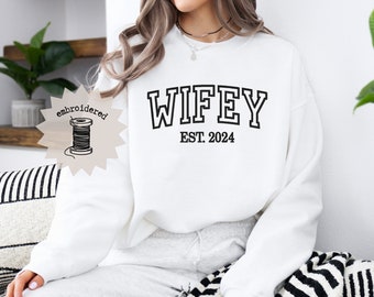 Personalized Wifey Embroidered Sweatshirt, Bride and Groom. Crewneck, New Couples Sweatshirt, New Bride Gift, Bridal Shower Gift