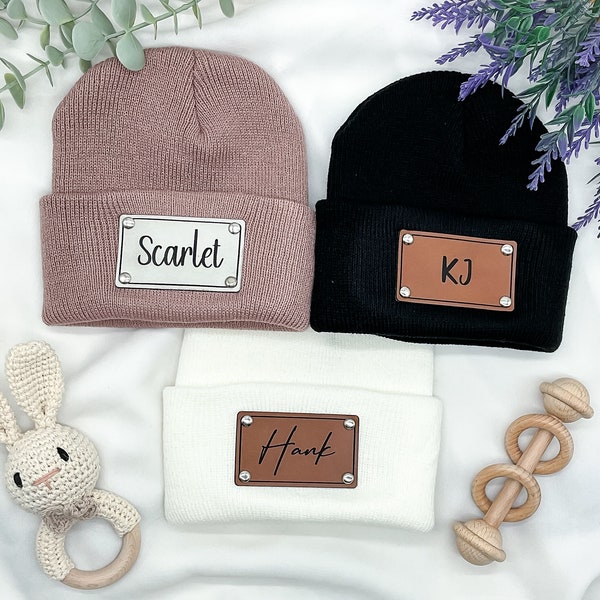 Personalized Baby Beanie, Custom Newborn Beanie with Name, Leather Patch Beanies for Baby, Baby Knit Hat with Name, Unique Baby Shower Gift