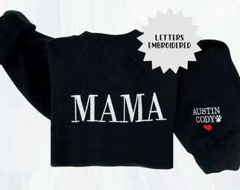 Mama Embroidered Sweatshirt, Personalized Mama Sweatshirt with Kid Name on Sleeve, Mothers Day Gift, Birthday Gift for Mom, New Mom Gift