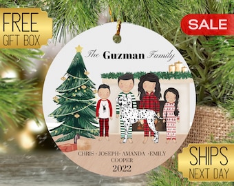 Custom Family Christmas Ornament with Pet, Personalized Family with Children Ornament, Grandparent Ornament, Family Name Ceramic Ornament