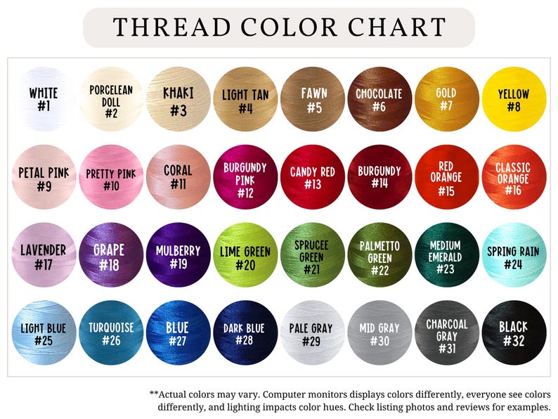 May include: A thread color chart with 32 color options, each labeled with a name and number. Colors range from white and light tan to black, with shades of pink, blue, green, and orange. The text "THREAD COLOR CHART" is at the top.