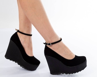 black closed toe wedges with ankle strap