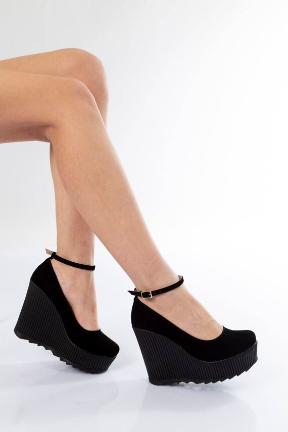 black wedge heels ankle strap