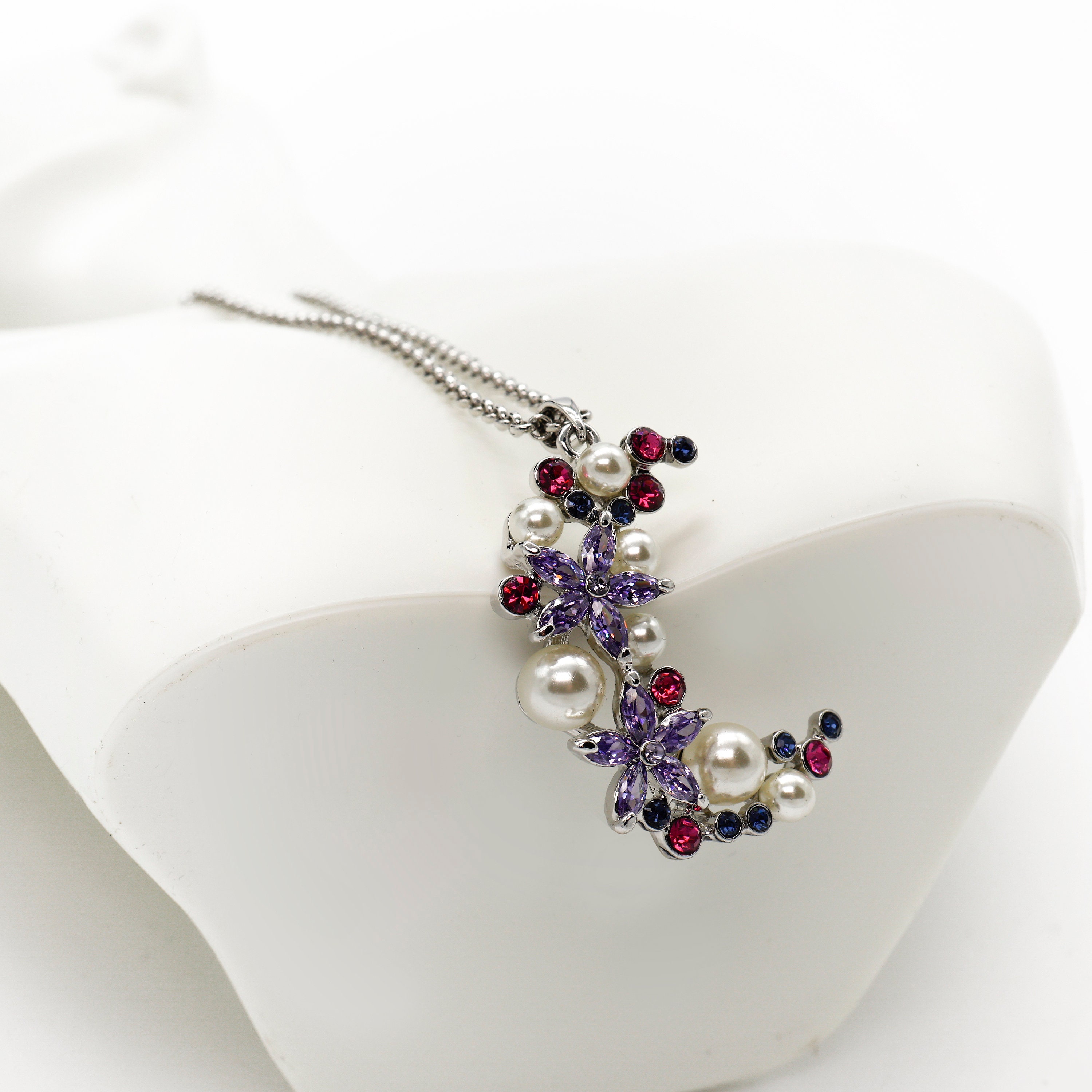Moon Shaped Asfour Crystal Sparkling Rhodium Finish Necklace