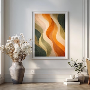 Könnte beinhalten: Gerahmter Kunstdruck mit abstrakten, wellenförmigen Linien in Orange-, Grün- und Beigetönen. Das Kunstwerk hängt an einer weißen Wand in einem Raum mit einem großen Fenster, einer Vase mit Trockenblumen und einer kleinen Pflanze.