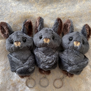 May include: Three plush bat keychains. Each bat is gray with brown ears and a tan snout. The keychains have silver metal rings attached to the bottom. The bats are arranged in a row.