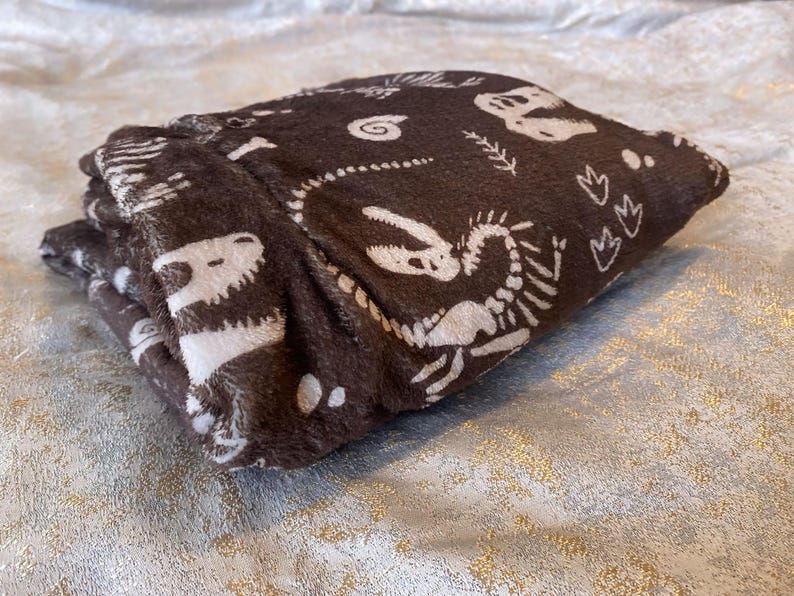 Op de afbeelding: Gevouwen bruine deken met een wit dinosaurus skeletpatroon. De deken is gemaakt van een zacht, pluche materiaal en heeft verschillende illustraties van dinosaurusbotten. De deken is netjes opgevouwen en toont het ontwerp.