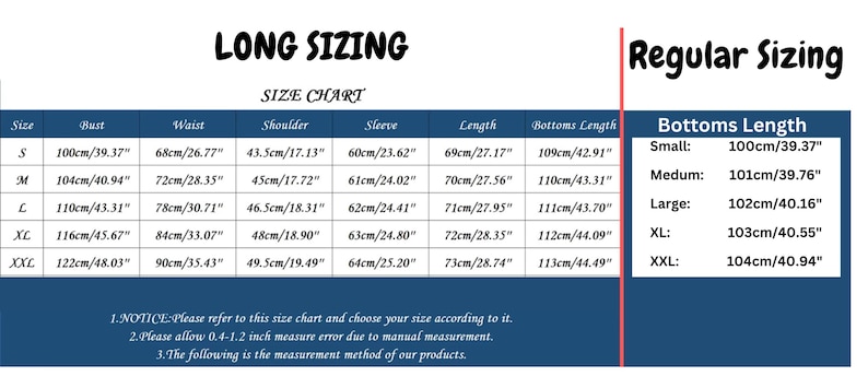 Op de afbeelding: Een maattabel met afmetingen in centimeters en inches, met de labels "LONG SIZING" en "Regular Sizing". De tabel bevat borst-, taille-, schouder-, mouw-, lengte- en broeklengtematen voor de maten S tot XXL.