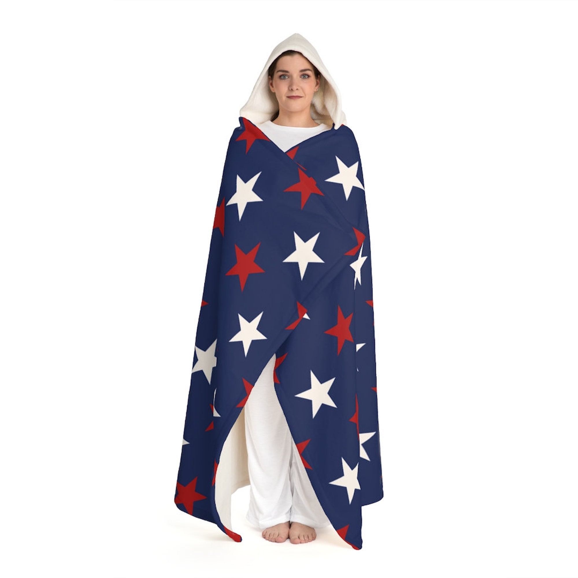 Red white and blue stars Hooded Sherpa Fleece Blanket