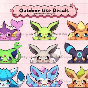 May include: A collection of nine colorful cartoon creature decals arranged in a grid. The top banner reads Outdoor Use Decals @StitchedWithAPurpose. Each character is depicted peeking over a horizontal line with paws visible in a variety of colors.