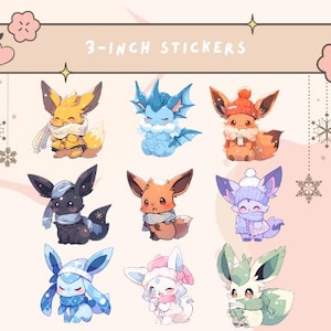 Bonita pegatina de invierno hecha a mano inspirada en anime ~ Calcomanía de Eeveelution ~ Gran regalo de cumpleaños ~ Estacional