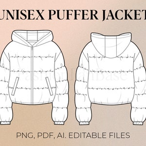 Unisex Puffer Jacket Drawing Streetwear Fashion Flat Clothing Template Clothing Design Streetwear Tech Pack Template Fashion Design Template