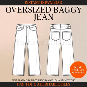 Puede incluir: Ilustración de línea de un par de pantalones vaqueros holgados de gran tamaño. Los vaqueros tienen una pierna ancha y un ajuste holgado. La ilustración está en blanco y negro y es adecuada para su uso en diseño de moda.