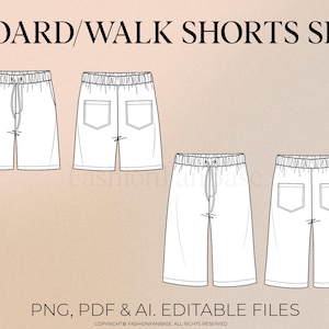 May include: Line drawing of four different styles of shorts. The shorts are all white and have a drawstring waist. The shorts are labeled "BOARD/WALK SHORTS SET".