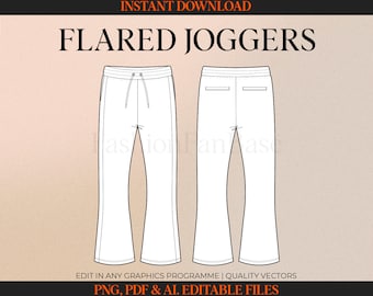 May include: Line art illustration of flared joggers with a drawstring waistband. The joggers have a wide leg opening. The image is in black and white.
