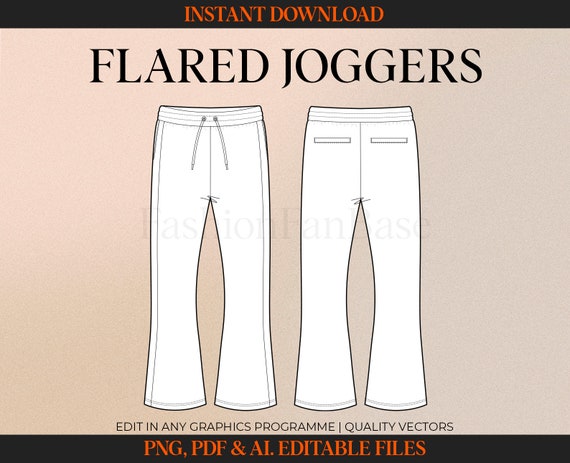 Flared Joggers Tech Drawings Sweatpant Drawing Streetwear Tech Pack Template  Fashion Flat Clothing Design Fashion Design AI. PDF 