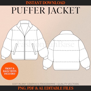 Puffer Jacket Drawing Streetwear Fashion Flat Clothing Template Clothing Design Streetwear Tech Pack Template Fashion Design Template