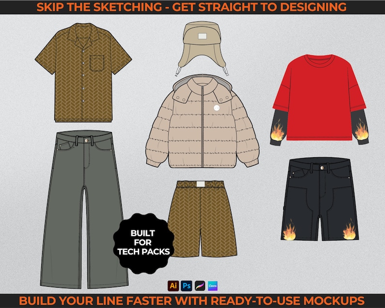 700+ Clothing Brand Mockup Pack Streetwear Vector + Tech Pack Template + Launch Guide Fashion Flat Clothing Vector Hoodie Tech Drawing image 9