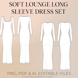 Puede incluir: Dibujos lineales de un conjunto de vestidos de manga larga. Los vestidos blancos tienen diferentes escotes: un escote cuadrado, un escote redondo y un escote cuadrado. El texto en la parte superior dice "SOFT LOUNGE LONG SLEEVE DRESS SET".