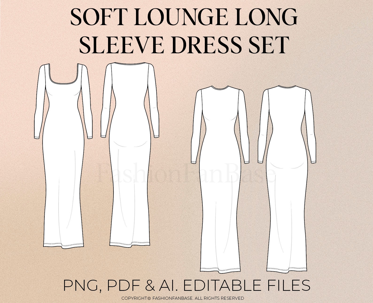 Soft Lounge Long Sleeve Dress Tech Drawings Jersey Dress Drawing Loungewear  Tech Pack Template Fashion Flat Clothing Design Fashion Design 
