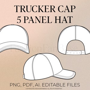 May include: A black and white line drawing of a trucker cap, also known as a 5 panel hat, shown from three different angles. The cap has a curved brim and a flat crown.