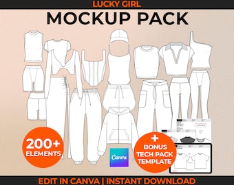 Puede incluir: Un paquete de maquetas de más de 200 elementos de diseño de ropa para usar en Canva. El paquete incluye una variedad de tops, pantalones y accesorios, todos en un estilo simple y limpio. El texto "LUCKY GIRL MOCKUP PACK" está en la parte superior de la imagen. El texto "200+ ELEMENTS" está en un círculo en la parte inferior izquierda de la imagen. El texto "+ BONUS TECH PACK TEMPLATE" está en un círculo en la parte inferior derecha de la imagen. El texto "EDIT IN CANVA | INSTANT DOWNLOAD" está en la parte inferior de la imagen.