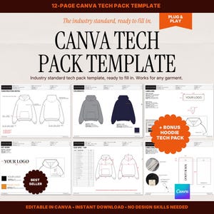 May include: A 12-page Canva tech pack template featuring technical drawings of hoodies, including construction notes, colorways, labeling, artwork, and size specifications. The document includes text labels and a bonus hoodie tech pack graphic.