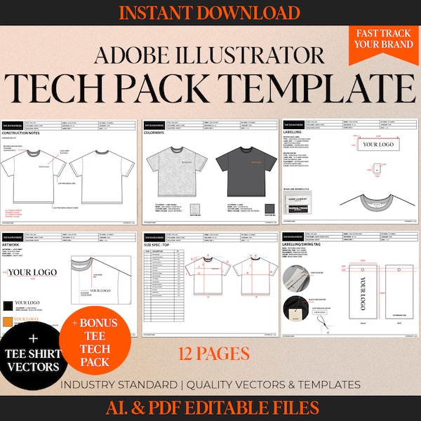 T-Shirt Tech Pack Fashion Tech Pack Template Tee Shirt Vector Adobe Illustrator DIY Tech Pack Ai. PDF