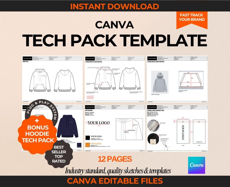 Fashion Tech Pack Template Canva Tech Pack Template Hoodie Tech Pack Sweatshirt Drawing Canva Template Fashion Design Techpack techpack template Sweatshirt Drawing