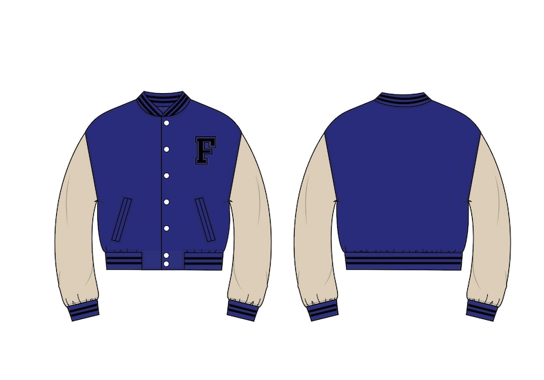 Varsity Jacket Drawing Bomber Jacket Letterman Jacket Fashion Flat Streetwear Tech Pack Template