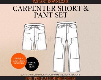 Carpenter Pants Vector Streetwear Carpenter Short Unisex Jort Drawing Fashion Flat Tech Pack Template Clothing Fashion Design Template