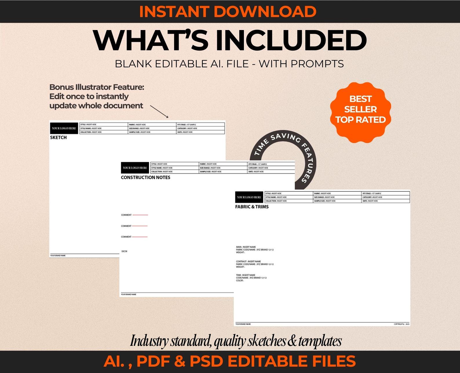 Fashion Tech Pack Template Kit Adobe Illustrator DIY Tech Pack Ai. PDF ...