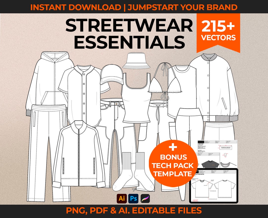 Streetwear Vector Essentials Mockup Pack Fashion Tech Pack Template ...