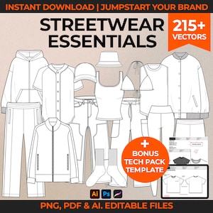 Op de afbeelding: Een set van meer dan 215 vectorillustraties van streetwear-essentials, waaronder hoodies, jassen, broeken, shirts en accessoires. De illustraties zijn in zwart-wit en geschikt voor gebruik in modeontwerp, branding en marketing.