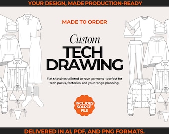 Custom Fashion Flat Sketch Custom Fashion Technical Drawing Fashion Design  Sketch Tech Pack Drawing Tech Pack Template Made to Order