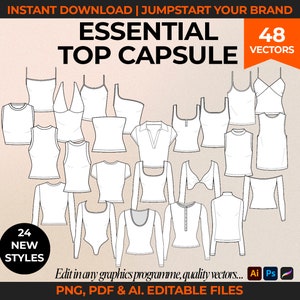 Puede incluir: Un conjunto de 48 ilustraciones vectoriales de diferentes estilos de tops, incluyendo camisetas sin mangas, camisas sin mangas, camisas de manga larga y tops cortos. Las ilustraciones están en blanco y negro y son adecuadas para su uso en diseño de moda, creación de patrones y otros proyectos creativos. El texto "ESSENTIAL TOP CAPSULE" y "48 VECTORS" está incluido en la imagen.