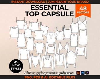 Puede incluir: Un conjunto de 48 ilustraciones vectoriales de diferentes estilos de tops, incluyendo camisetas sin mangas, camisas sin mangas, camisas de manga larga y tops cortos. Las ilustraciones están en blanco y negro y son adecuadas para su uso en diseño de moda, creación de patrones y otros proyectos creativos. El texto "ESSENTIAL TOP CAPSULE" y "48 VECTORS" está incluido en la imagen.