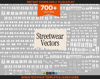 May include: A digital collection of 700+ white vector illustrations of various clothing items on a gray background. The central text reads Streetwear Vectors, with an orange banner above stating 700+ VECTORS and bottom text reading BONUS TECH PACK TEMPLATE & LAUNCH GUIDE.