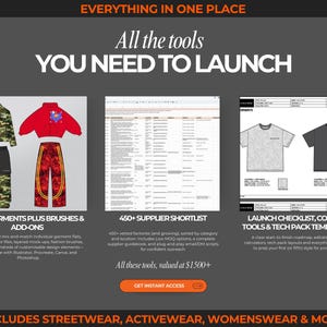 Massive streetwear vector bundle with 2100+ clothing mockups, fashion sketches, and flat fashion drawings. Includes hoodie vectors, tee mockups, outerwear flats, jogger sketches, and streetwear pants. Use for fashion design templates, digital clothing mockup presentations, and creating tech packs for streetwear fashion brands. Ideal for designers making streetwear fashion lines, brand launch collections, and digital tech pack templates across Adobe Illustrator, Canva, and Procreate.