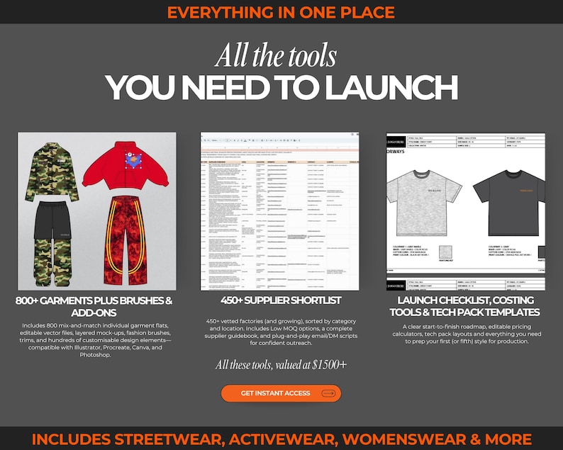 Massive streetwear vector bundle with 2100+ clothing mockups, fashion sketches, and flat fashion drawings. Includes hoodie vectors, tee mockups, outerwear flats, jogger sketches, and streetwear pants. Use for fashion design templates, digital clothing mockup presentations, and creating tech packs for streetwear fashion brands. Ideal for designers making streetwear fashion lines, brand launch collections, and digital tech pack templates across Adobe Illustrator, Canva, and Procreate.
