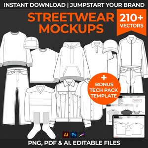 Streetwear Vector Mega Mockup Pack Fashion Tech Pack Template Abbigliamento Vector Modelli di design di moda Disegno di moda Felpa con cappuccio vettoriale di moda