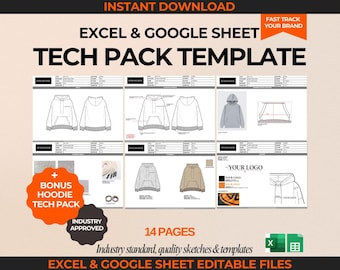 Fashion Tech Pack Template Google Sheet Excel Tech Pack Excel Fashion Design Template Sweatshirt Tech Pack Hoodie Clothing Tech pack