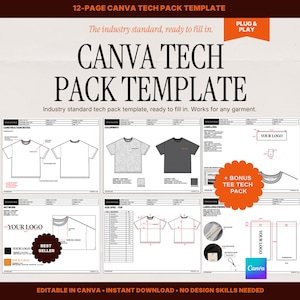May include: A 12-page Canva tech pack template for garments, featuring technical drawings of t-shirts, colorway options, labeling guides, and artwork placement instructions. The document includes sections for construction notes, size specs, and swing tags.