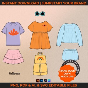 Downloadable childrenswear and baby clothing vectors. Fashion tech pack template for kids' clothing brands. Includes flat sketches, mock-ups, and tech drawings in AI, PDF, and PNG formats. Compatible with Adobe Illustrator, Photoshop, Procreate, and Canva.
