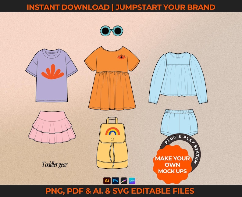 Downloadable childrenswear and baby clothing vectors. Fashion tech pack template for kids' clothing brands. Includes flat sketches, mock-ups, and tech drawings in AI, PDF, and PNG formats. Compatible with Adobe Illustrator, Photoshop, Procreate, and Canva.