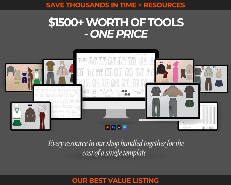 2100+ streetwear vectors clothing mockup bundle with fashion sketches, fashion drawings, flat sketches, and clothing vector templates. Includes hoodie mockups, t-shirt mockups, pants, shorts, and jacket flat sketches, perfect for creating fashion tech pack templates, streetwear clothing mockups, and apparel design presentations. Digital fashion drawings for fashion designers to use in tech packs, design development, and streetwear fashion projects.