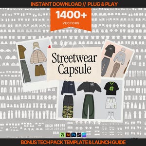May include: A digital collection of 1400+ vector clothing designs titled Streetwear Capsule, featuring various garment illustrations like jackets, trousers, and shirts displayed on a grey background with software icons for Adobe and Canva.