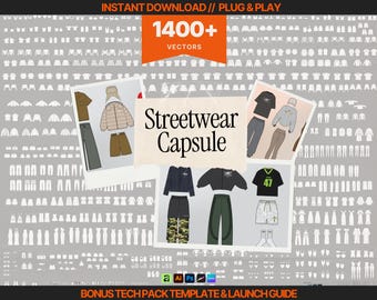 1400+ Streetwear Mockup Pack Clothing Brand Vector Tech Pack Template Canva Launch Guide Flat Sketch Hoodie Tee Drawing